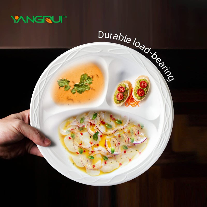 YANGRUI White Plastic Plates  9 Inch 3 Compartments 150 Pack Food Grade Material BPA Free Reusable MFPP Dinner Plate - Image 3