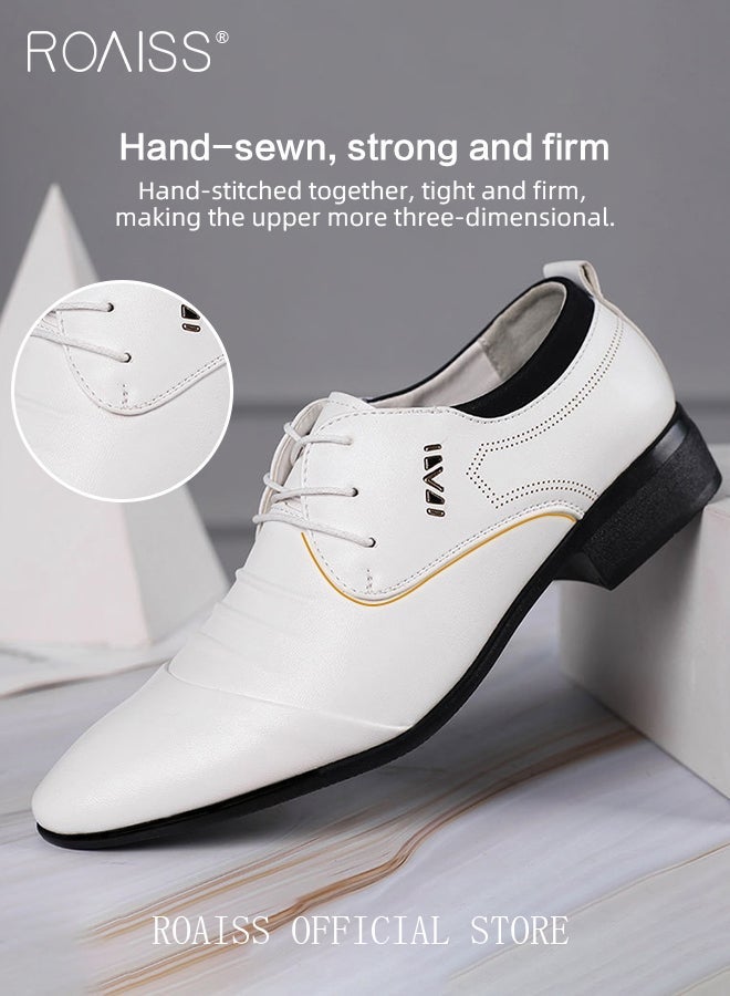 رويس أحذية جلدية رجالية مدببة، أحذية رسمية منخفضة الرقبة برباط مع نعل مانع للانزلاق، أحذية أنيقة للرجال، أحذية جلدية كلاسيكية بسيطة للعمل، مناسبة للارتداء اليومي، للعمل، لحفلات الزفاف والأنشطة الخارجية - Image 2