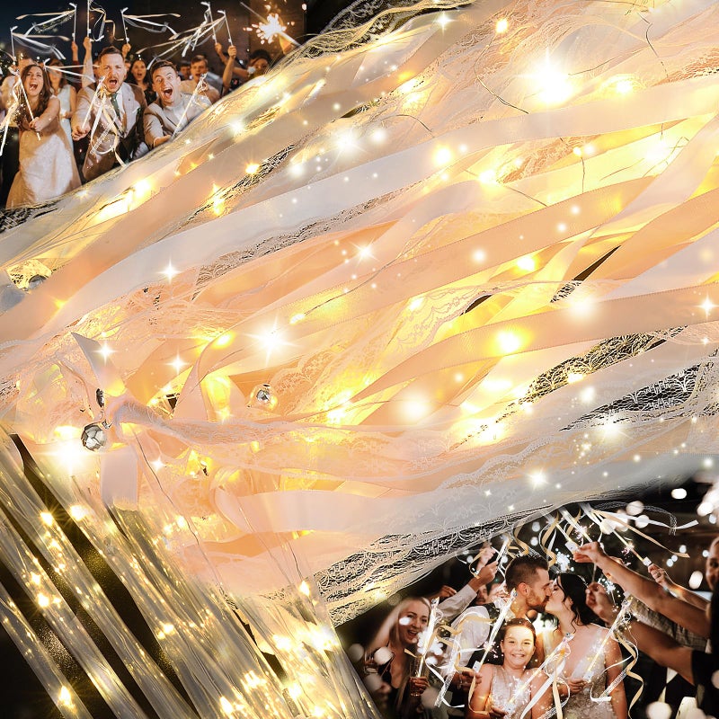 HONLYNE 100 PCS Wedding Wands with LightsFairy Wands LED Silk Fairy Wand with Bells for Wedding Send Off New Year Raves Concert Birthday