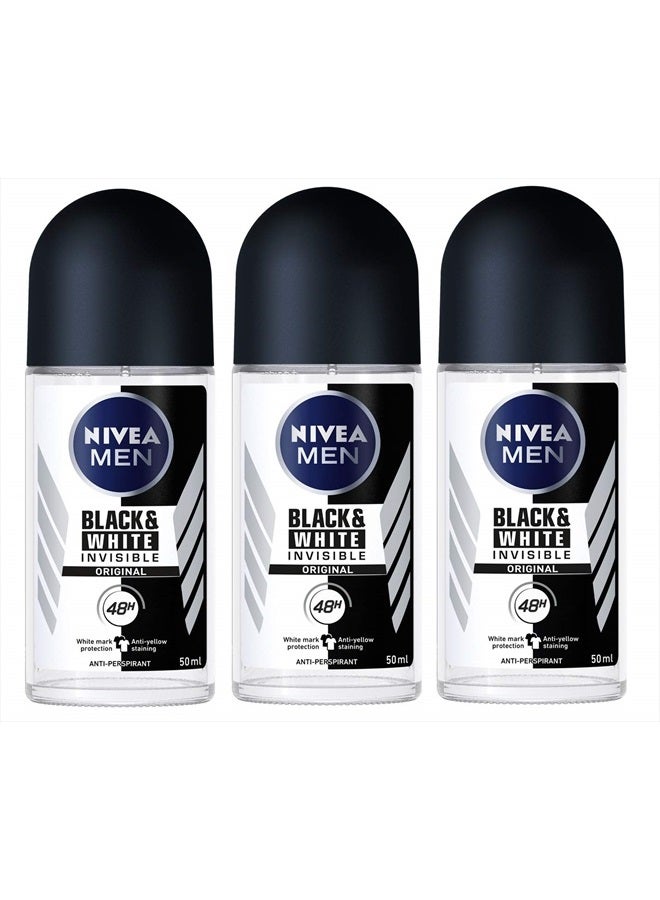 Nivea مزيل عرق رول أون للرجال غير مرئي باللونين الأسود والأبيض 48 ساعة 50 مل. عبوة 3