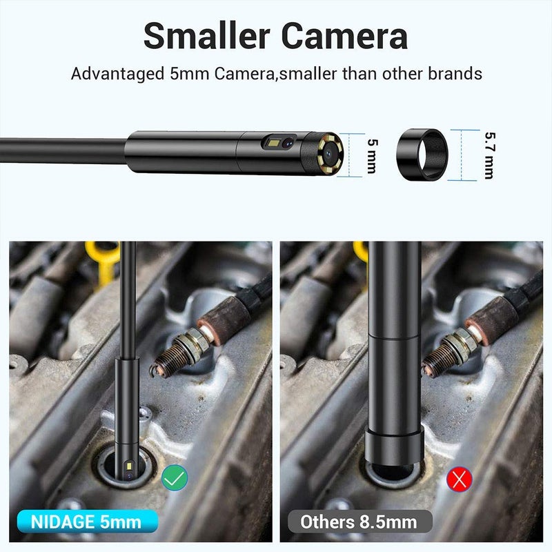 Nidage 0.197inch Dual Lens Wireless Endoscope Camera, NIDAGE 5.0mm Ultra-Slim Automotive Inspection Camera with 7 LEDs, 1080P Dual Lens Borescope Waterproof for Android & iOS Smartphone Tablet(5FT) - Image 3