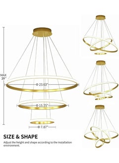 HUA QIANG WANG Modern LED Gold Chandelier 3 Ring LED Pendant Light Fixture Dimmable with Remote Control Adjustable Height Ceiling Chandelier for Living Room Dining Room Bedroom Foyer Stairway  - Image 2