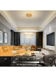 HUA QIANG WANG Modern LED Gold Chandelier 3 Ring LED Pendant Light Fixture Dimmable with Remote Control Adjustable Height Ceiling Chandelier for Living Room Dining Room Bedroom Foyer Stairway  - Image 3