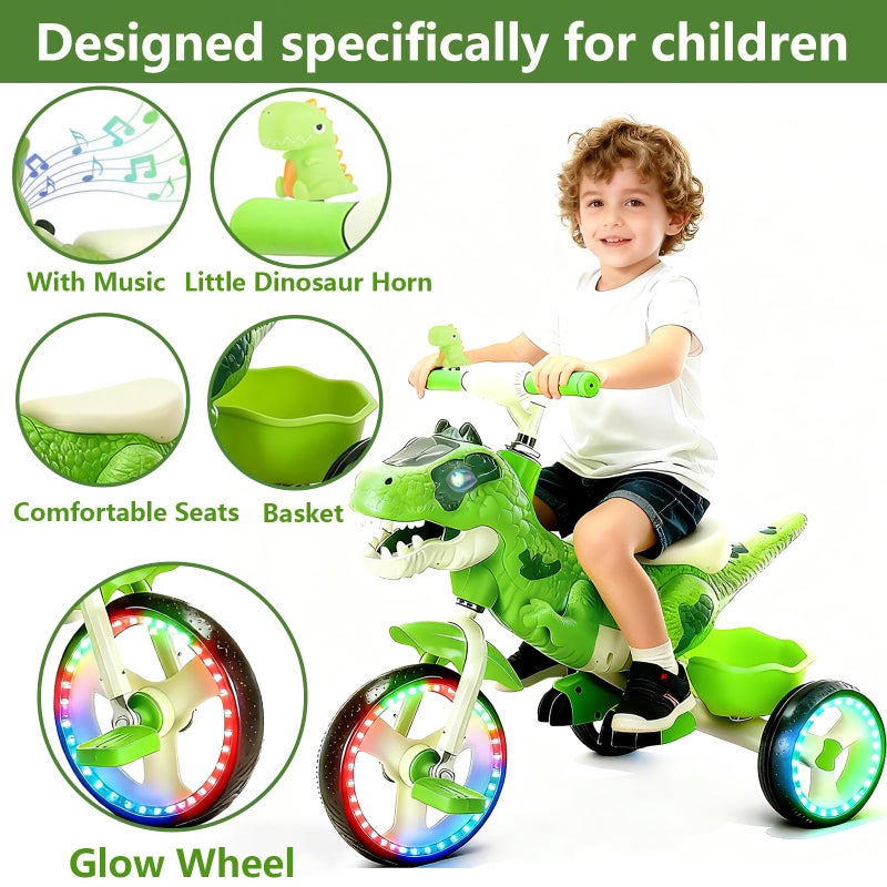 NMM Dinosaur Tricycle for Toddlers, Kids Trike with Music, LED, Tricycles for 3-5 Year Olds, for Rider, Big Wheel, Storage Basket, Horn, Toddler Bike for Boy, Dinosaur Toys for Kids 2-4 4-7 - Image 2