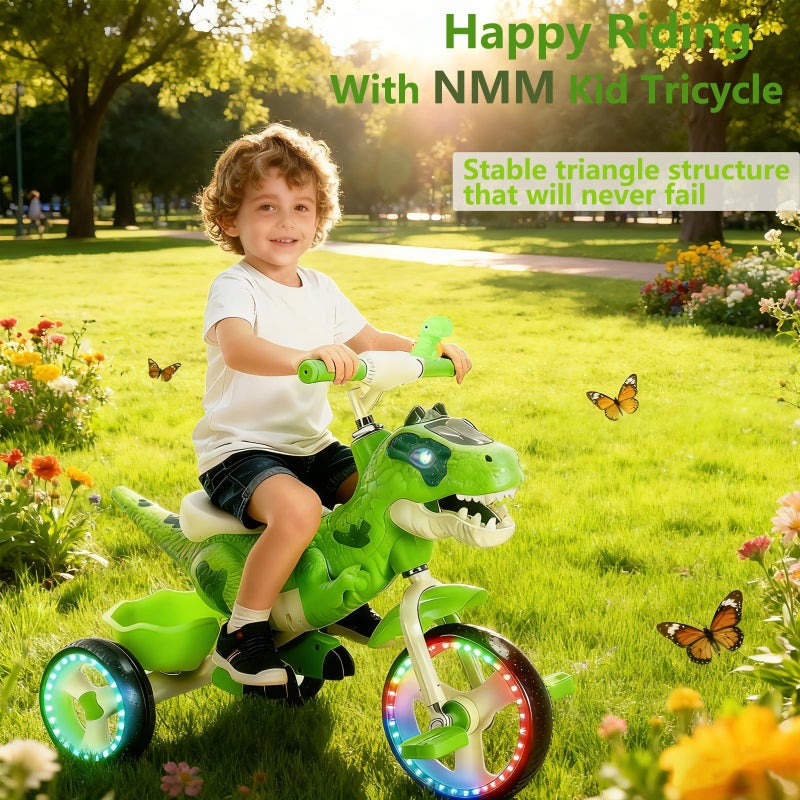 NMM Dinosaur Tricycle for Toddlers, Kids Trike with Music, LED, Tricycles for 3-5 Year Olds, for Rider, Big Wheel, Storage Basket, Horn, Toddler Bike for Boy, Dinosaur Toys for Kids 2-4 4-7 - Image 3