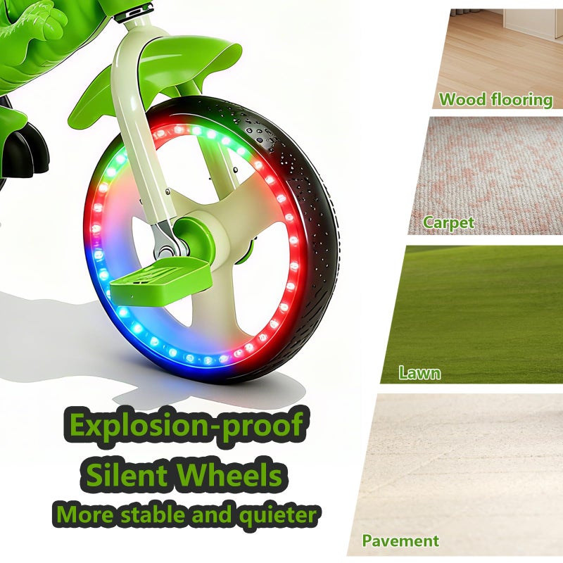 NMM Dinosaur Tricycle for Toddlers, Kids Trike with Music, LED, Tricycles for 3-5 Year Olds, for Rider, Big Wheel, Storage Basket, Horn, Toddler Bike for Boy, Dinosaur Toys for Kids 2-4 4-7 - Image 4