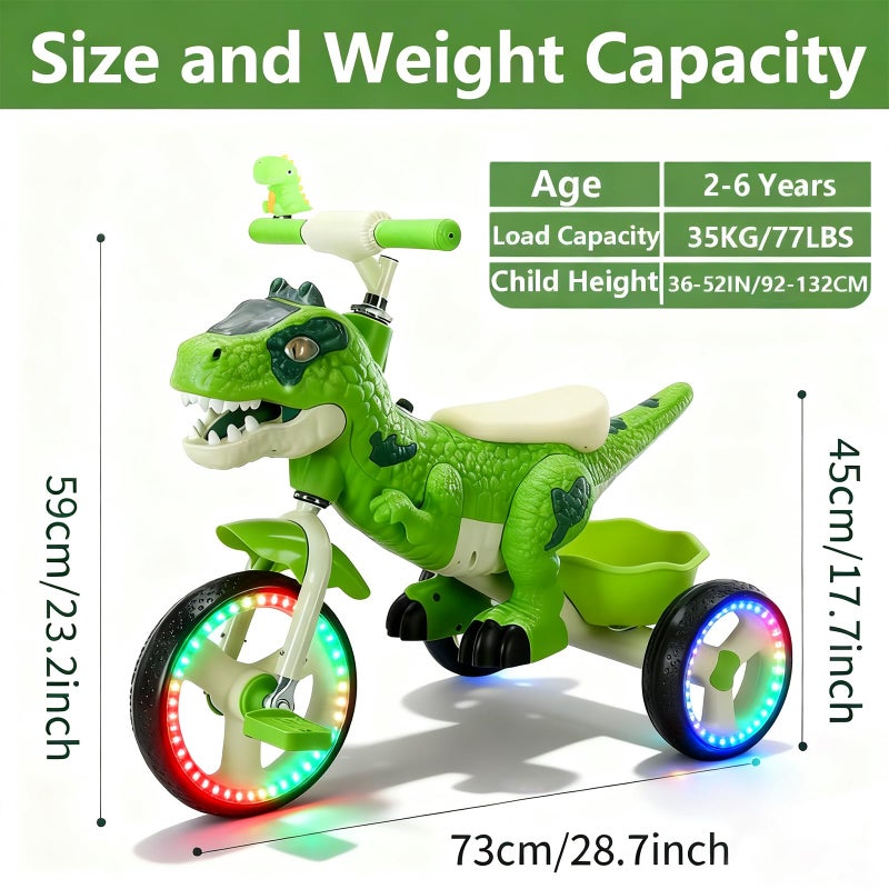 NMM Dinosaur Tricycle for Toddlers, Kids Trike with Music, LED, Tricycles for 3-5 Year Olds, for Rider, Big Wheel, Storage Basket, Horn, Toddler Bike for Boy, Dinosaur Toys for Kids 2-4 4-7 - Image 5