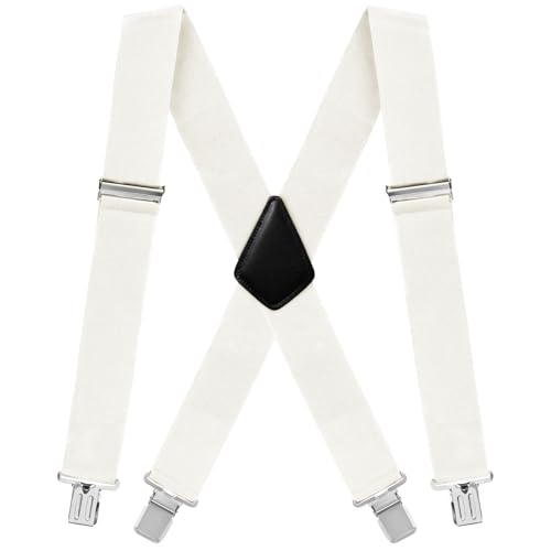 Fasker Mens Suspenders X-Back Wide Adjustable Solid Straight Heavy Duty Clip Suspenders for Men Women, 06 White(2 inch wide) - Image 1