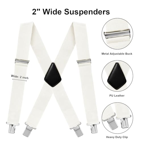 Fasker Mens Suspenders X-Back Wide Adjustable Solid Straight Heavy Duty Clip Suspenders for Men Women, 06 White(2 inch wide) - Image 3