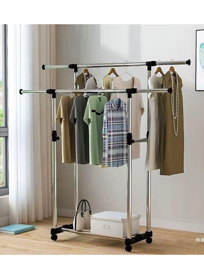 ضحكة  علاقة ملابس معدنية مزدوجة مع عجلات – ارتفاع قابل للتعديل وسعة كبيرة للتخزين - Image 3