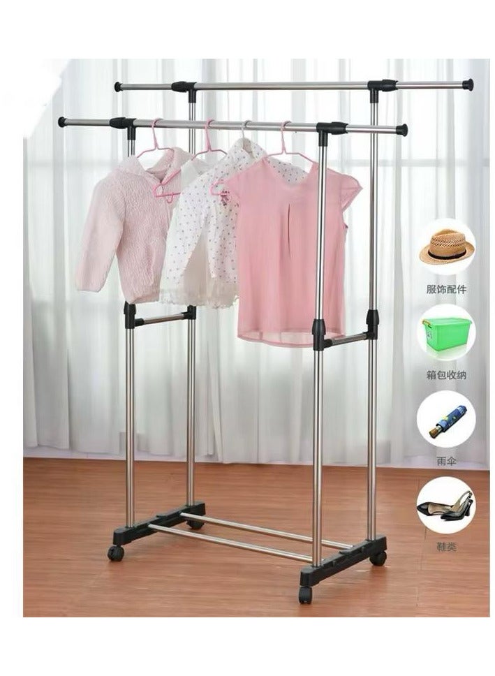 ضحكة  علاقة ملابس معدنية مزدوجة مع عجلات – ارتفاع قابل للتعديل وسعة كبيرة للتخزين - Image 4