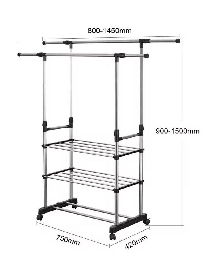 ضحكة  علاقة ملابس معدنية مزدوجة مع عجلات – ارتفاع قابل للتعديل وسعة كبيرة للتخزين - Image 5