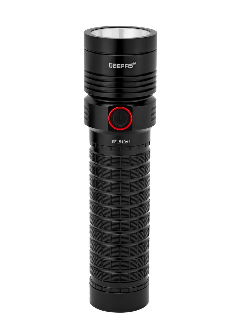 GEEPAS - Geepas Rechargeable LED Flashlight With Type C Charging, Aircraft Aluminum Body, Power Reminder, 30 Hours Working Time, 1 Meter Impact Resistance , High, Medium, Low Switch Mode - Image 1