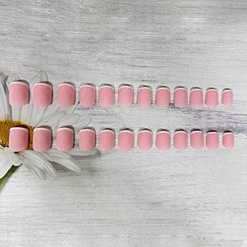 OCOUYVD 24Pcs French Tip Press on Nails Short Fake Nails Acrylic French Square Nails White Tip Pink Nail Stick on Nails Winter Full Cover Nail Tips Design Cute Nails for Women and Girls - Image 5