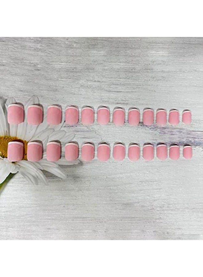 OCOUYVD 24Pcs French Tip Press on Nails Short Fake Nails Acrylic French Square Nails White Tip Pink Nail Stick on Nails Winter Full Cover Nail Tips Design Cute Nails for Women and Girls - Image 4