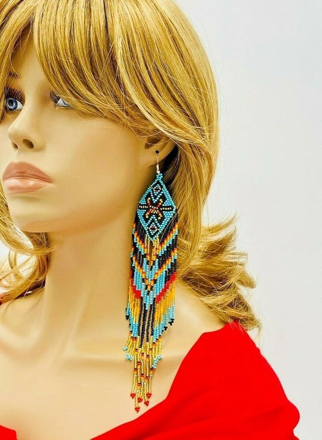 BeadsCorner Handmade Southwestern Geometric Pattern Glass Seed Beaded Big Earrings (Golden Cyan Black) - Image 1