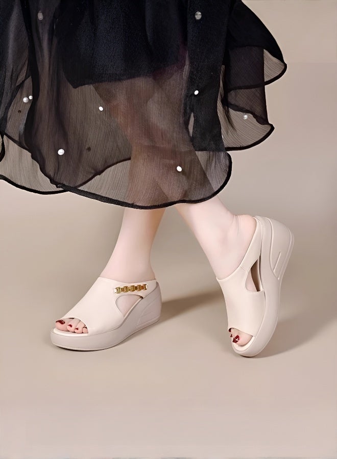 Women's 8 cm Thick Heel Natural Leather Sandal with Metal Chain - Image 1