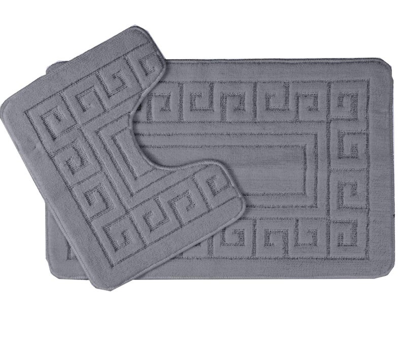 EDS Luxury 2 Piece Greek Bath Mat Set Non Slip Ultra Soft Bathroom Mats Water Absorbent Bath Mats Machine Washable Rug Toilet Mat for Bathroom Floor Charcoal