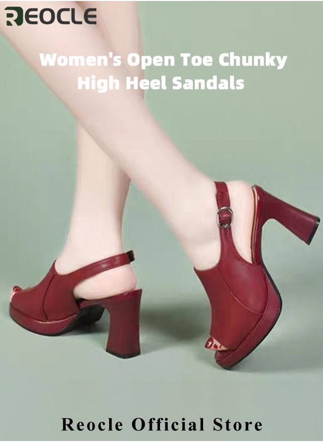 REOCLE Women's Chunky Heel Sandals Fish Mouth Open Toe Platform Sandals One Line Buckle High Heel Sandals PU Sandals with Arch Support Comfortable Walking Sandals  - Image 3