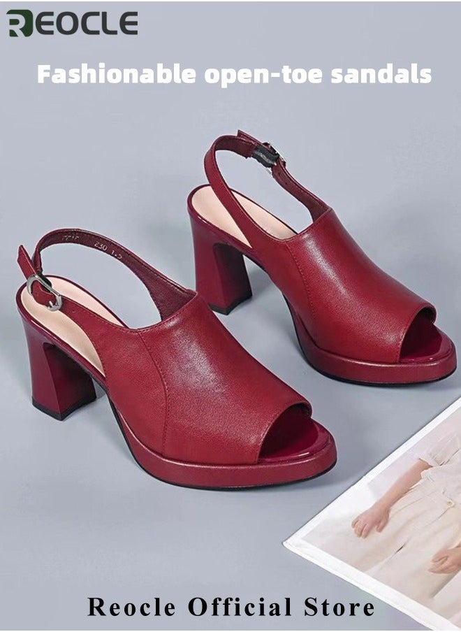 REOCLE Women's Chunky Heel Sandals Fish Mouth Open Toe Platform Sandals One Line Buckle High Heel Sandals PU Sandals with Arch Support Comfortable Walking Sandals  - Image 4