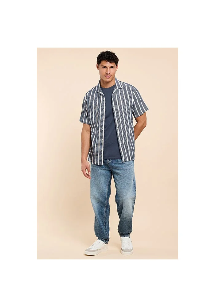 R&b Striped Shirt with Reverse Collar and Short Sleeves