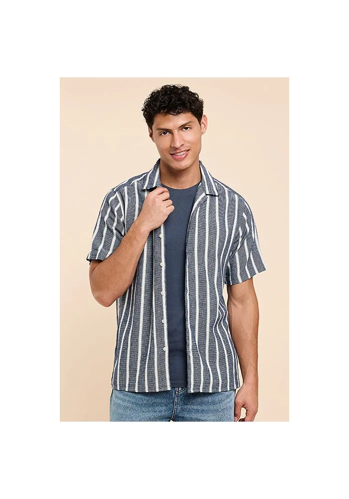 R&b Striped Shirt with Reverse Collar and Short Sleeves