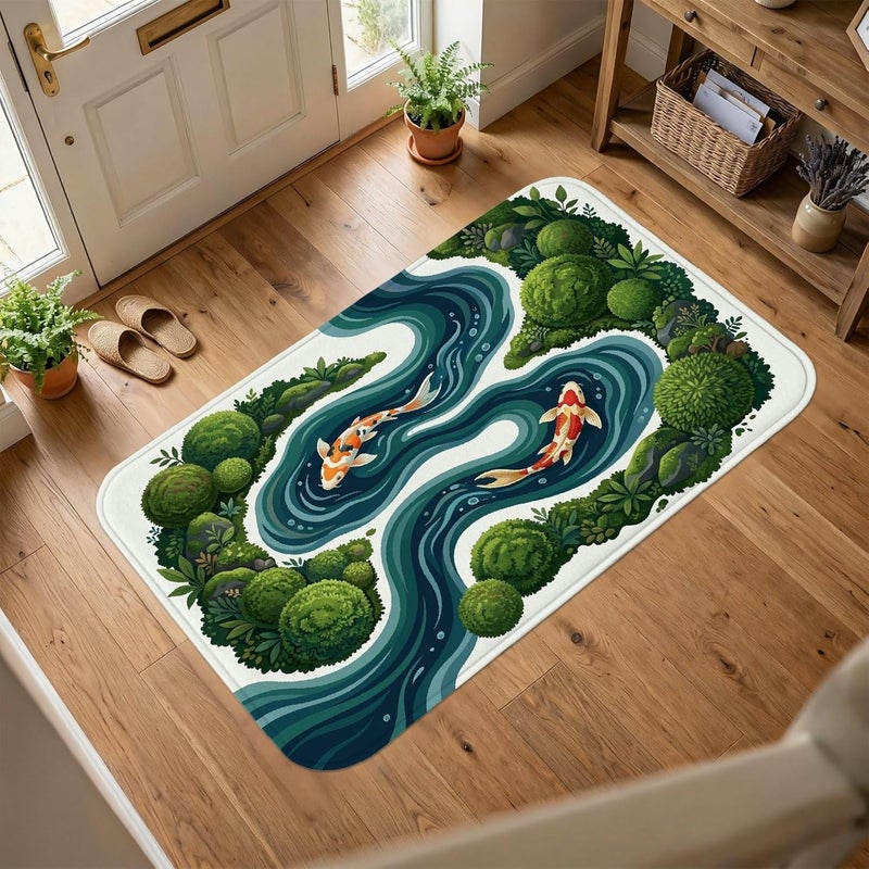 Carp Fish Area Rug, Nature Serene Water Stream Green Bushes None Green Non-Slip Indoor Rectangle Carpet Non Shedding Rugs for Living Room Bedroom Under Table Dining Decor 5' X 7' - Image 1