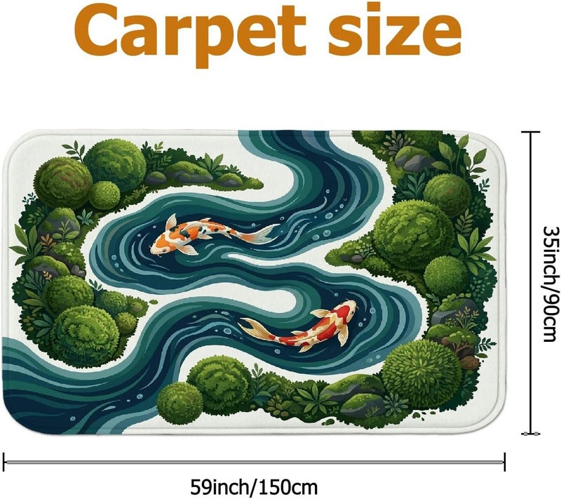 Carp Fish Area Rug, Nature Serene Water Stream Green Bushes None Green Non-Slip Indoor Rectangle Carpet Non Shedding Rugs for Living Room Bedroom Under Table Dining Decor 5' X 7' - Image 2