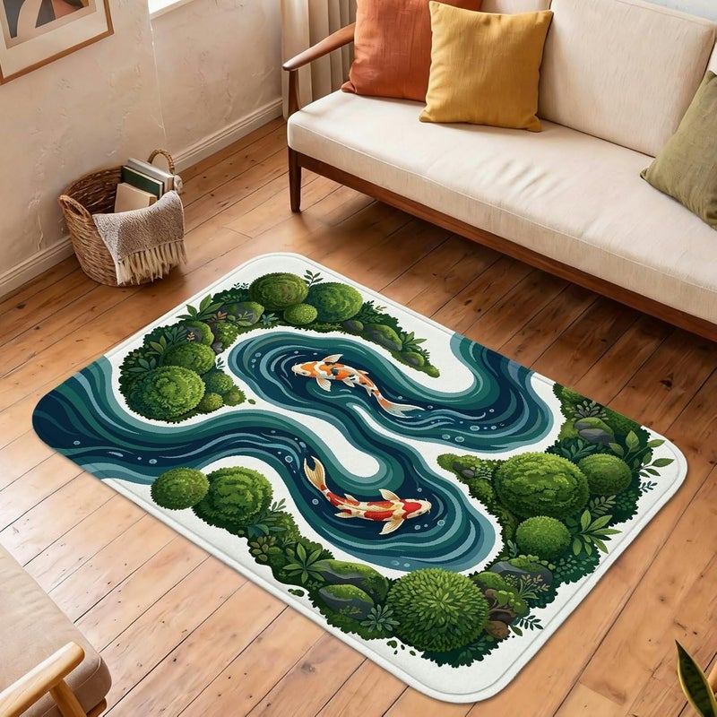 Carp Fish Area Rug, Nature Serene Water Stream Green Bushes None Green Non-Slip Indoor Rectangle Carpet Non Shedding Rugs for Living Room Bedroom Under Table Dining Decor 5' X 7' - Image 5