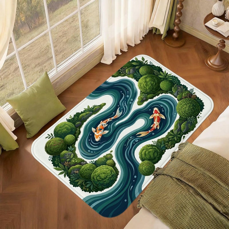 Carp Fish Area Rug, Nature Serene Water Stream Green Bushes None Green Non-Slip Indoor Rectangle Carpet Non Shedding Rugs for Living Room Bedroom Under Table Dining Decor 5' X 7' - Image 3