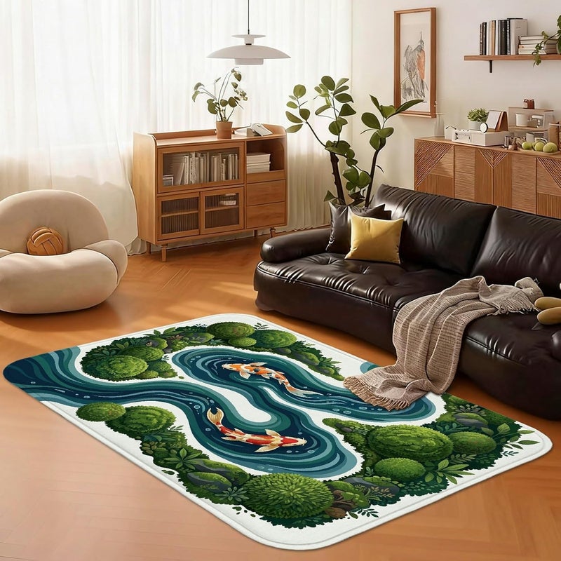 Carp Fish Area Rug, Nature Serene Water Stream Green Bushes None Green Non-Slip Indoor Rectangle Carpet Non Shedding Rugs for Living Room Bedroom Under Table Dining Decor 5' X 7' - Image 4