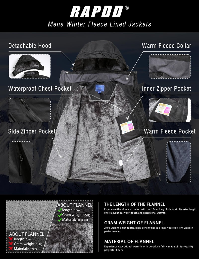 Rapoo Winter Coats for Men Winter Jackets for Men Rain Waterproof Windbreaker Jackets Coats Fleece Warm Snowboard Ski Snow Jacket Coats for Men Black XL - Image 3