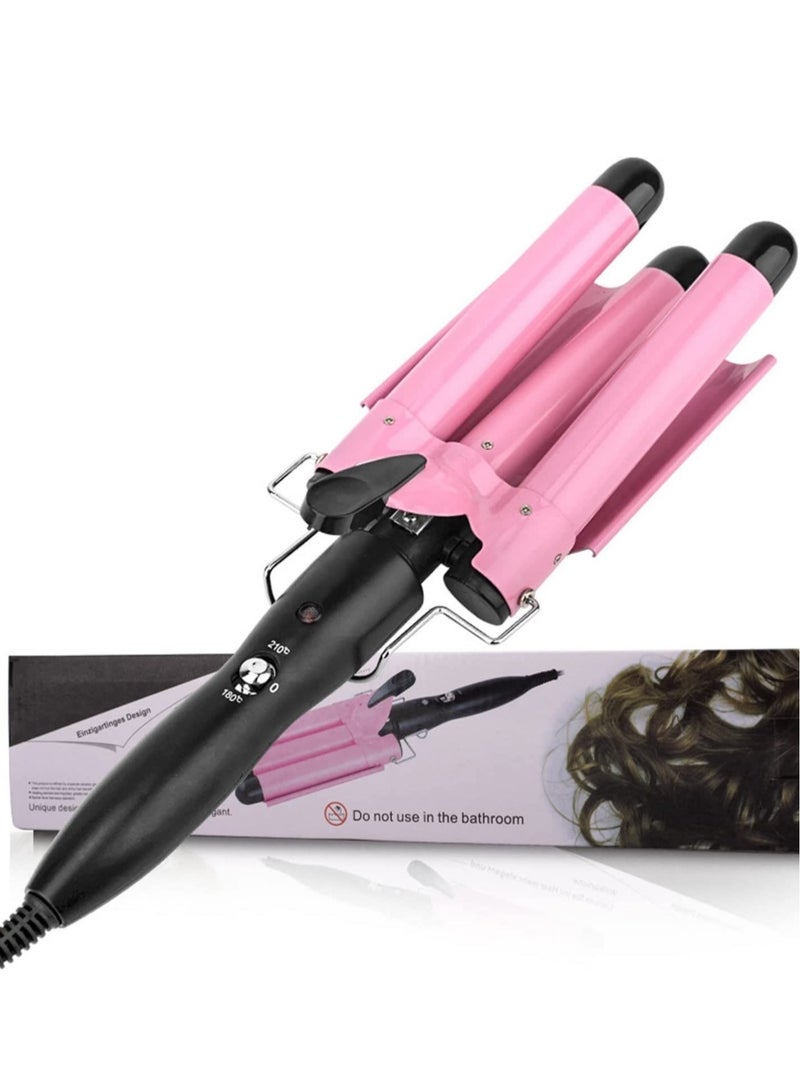 Pink 3-Barrel Curling Iron - 1-Inch Triple Barrel Hair Waver for Mermaid Waves, Adjustable Temperature Ceramic Tourmaline Curler with Fast Heat-Up - Image 1