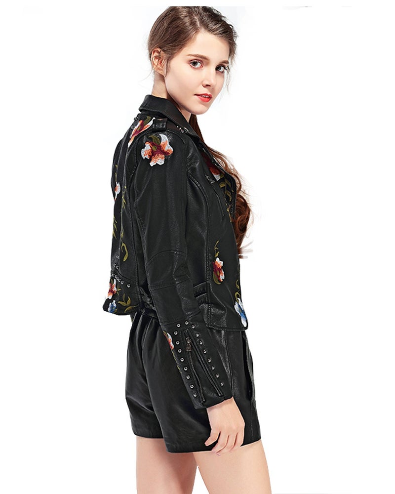 LY VAREY LIN Women's Floral Embroidered Faux Leather Moto PU Jacket Coat (L, Black) - Image 4