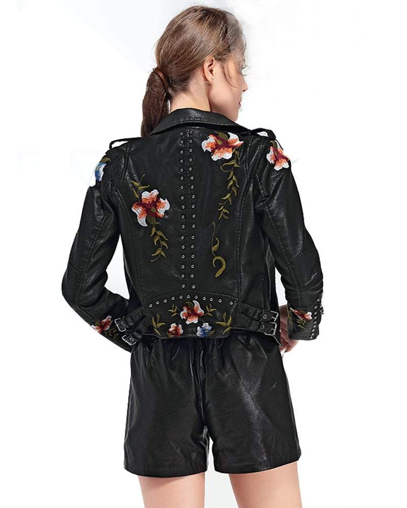 LY VAREY LIN Women's Floral Embroidered Faux Leather Moto PU Jacket Coat (L, Black) - Image 5