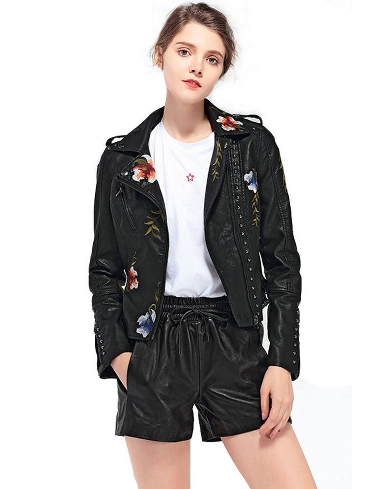 LY VAREY LIN Women's Floral Embroidered Faux Leather Moto PU Jacket Coat (L, Black) - Image 1