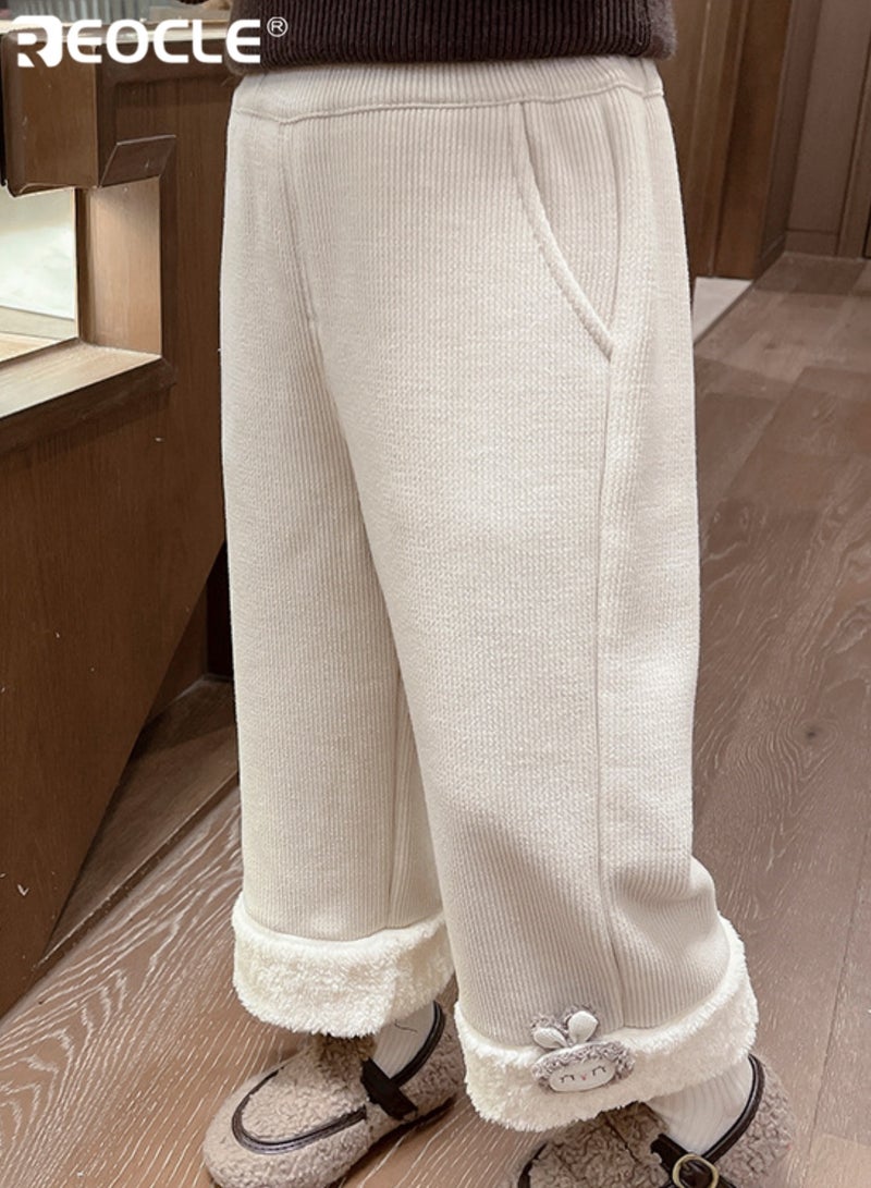 ريوكل بنطال فتيات مبطن بالفانيلا بتصميم بحاشية عريضة ودفء فاخر، سراويل عادية بتناسب فضفاض للارتداء في الخريف والشتاء - Image 2