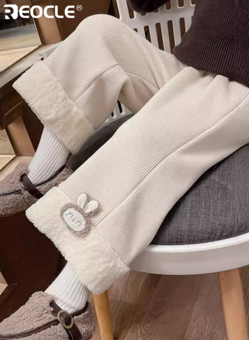 ريوكل بنطال فتيات مبطن بالفانيلا بتصميم بحاشية عريضة ودفء فاخر، سراويل عادية بتناسب فضفاض للارتداء في الخريف والشتاء - Image 3