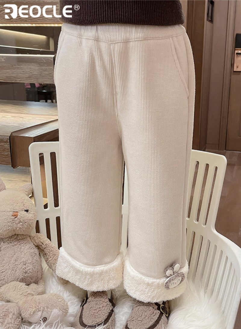 ريوكل بنطال فتيات مبطن بالفانيلا بتصميم بحاشية عريضة ودفء فاخر، سراويل عادية بتناسب فضفاض للارتداء في الخريف والشتاء - Image 2