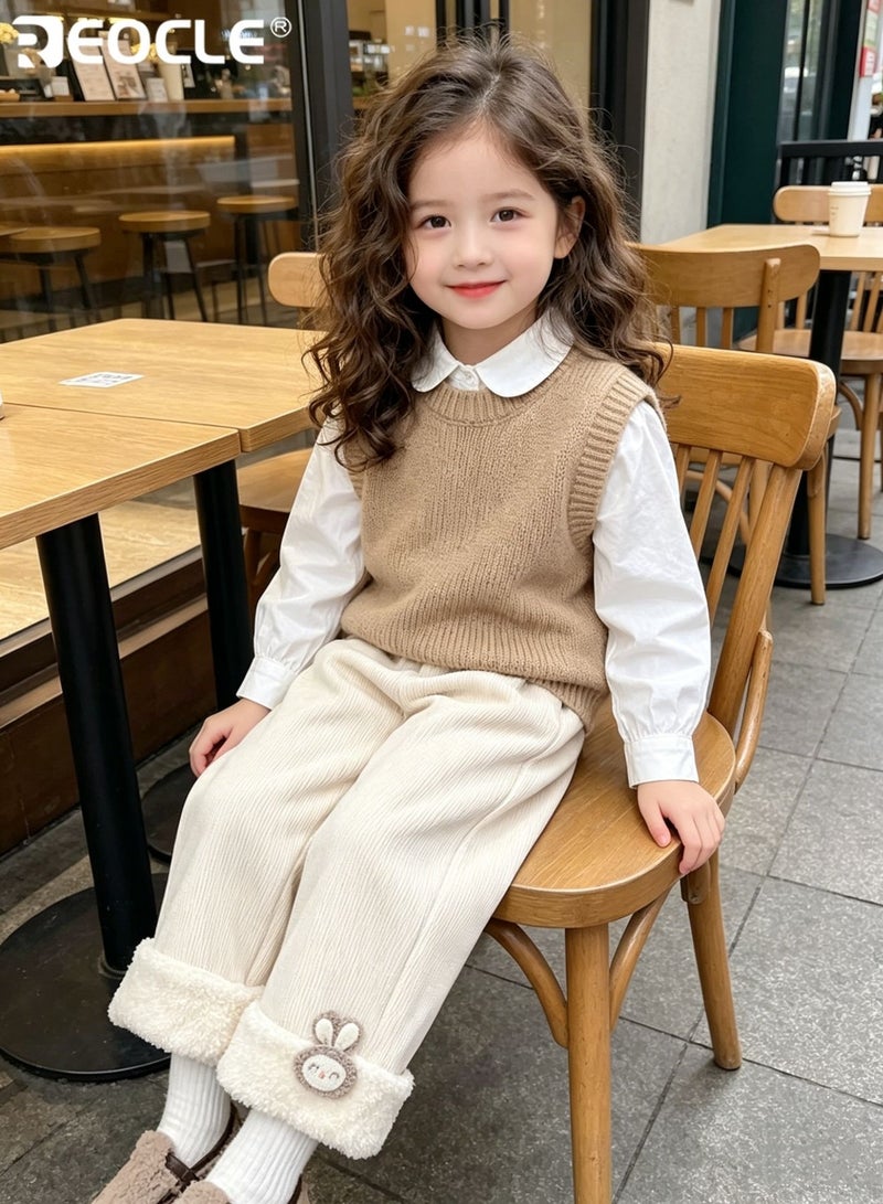 REOCLE Girl's Fleece-Lined Pants with Wide Leg Design and Plush Warmth Casual Trousers with Loose Fit for Autumn Winter Wear - Image 3