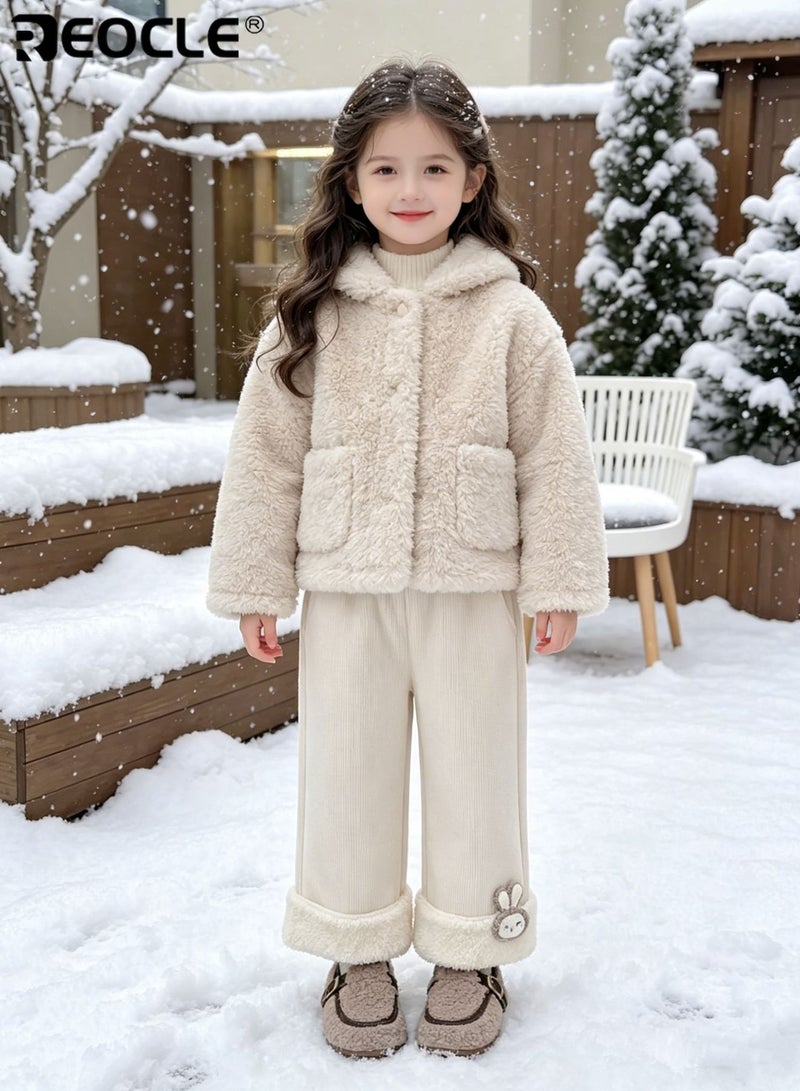REOCLE Girl's Fleece-Lined Pants with Wide Leg Design and Plush Warmth Casual Trousers with Loose Fit for Autumn Winter Wear - Image 1