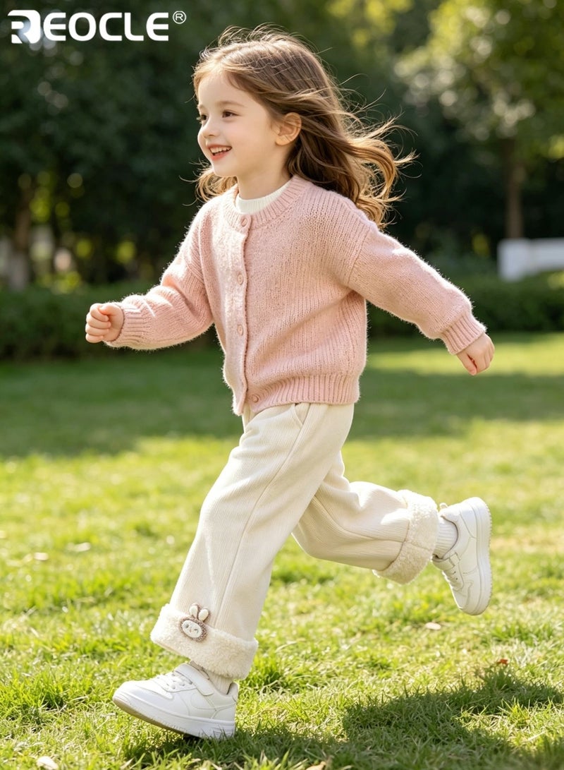 REOCLE Girl's Fleece-Lined Pants with Wide Leg Design and Plush Warmth Casual Trousers with Loose Fit for Autumn Winter Wear - Image 5