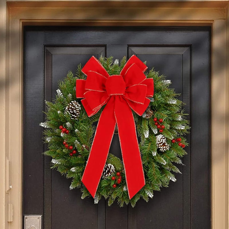 Hongsome 2 Pack Red Christmas Bows Outdoor Decorations,12”x20” Large Christmas Tree Topper Bow, Velvet Wreath Bow with Glitter Gold Edge for Xmas Home Front Door Decor - Image 5