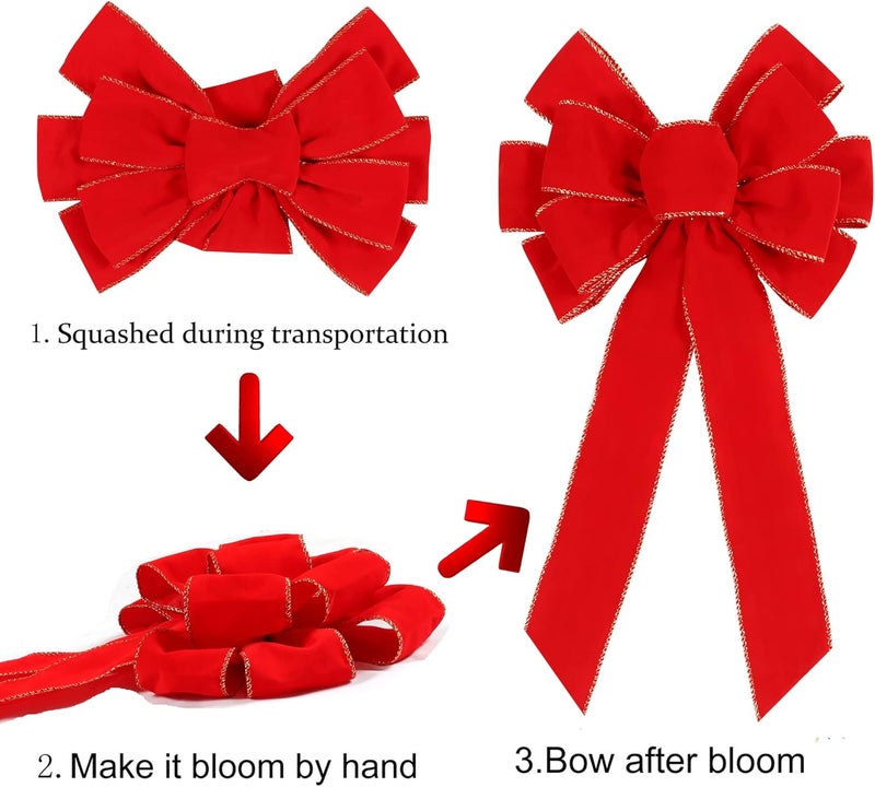 Hongsome 2 Pack Red Christmas Bows Outdoor Decorations,12”x20” Large Christmas Tree Topper Bow, Velvet Wreath Bow with Glitter Gold Edge for Xmas Home Front Door Decor - Image 4