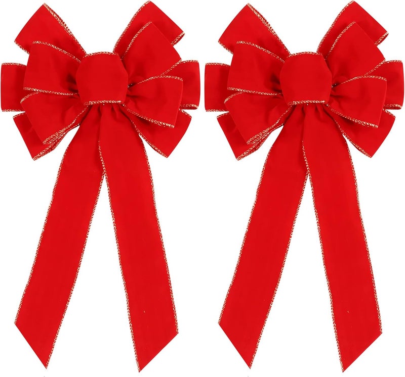 Hongsome 2 Pack Red Christmas Bows Outdoor Decorations,12”x20” Large Christmas Tree Topper Bow, Velvet Wreath Bow with Glitter Gold Edge for Xmas Home Front Door Decor - Image 1
