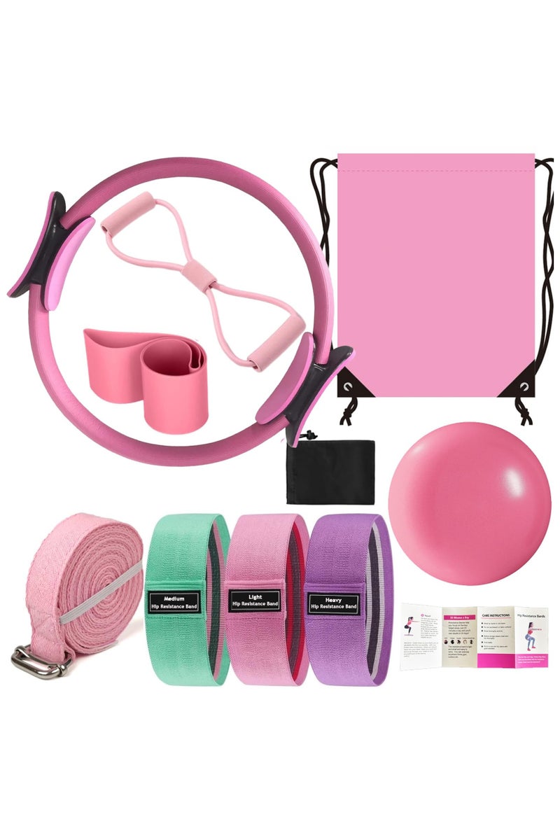 مجموعة أساسيات بيلاتيس للنساء - مجموعة بيلاتيس أفضل لتمارين اليوجا المنزلية مع حلقة بيلاتيس ومجموعة كرات، وأربطة للبطن، وأربطة مقاومة على شكل رقم 8، وأربطة يوغا للتمدد - Image 1