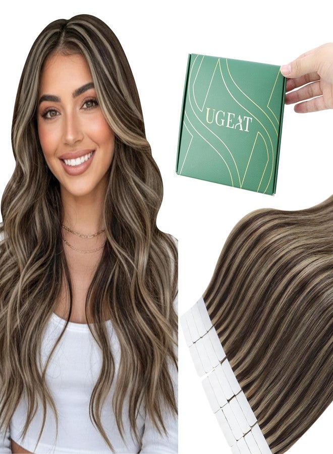 Ugeat Tape in Hair Extensions Human Hair Highlights Human Hair Tape in Extensions Dark Brown Mix Caramel Blonde Highlights Tapes in Extension for Short Hair 12 Inch 20Pcs 30G - Image 1