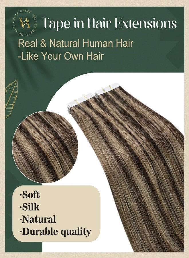 Ugeat Tape in Hair Extensions Human Hair Highlights Human Hair Tape in Extensions Dark Brown Mix Caramel Blonde Highlights Tapes in Extension for Short Hair 12 Inch 20Pcs 30G - Image 2