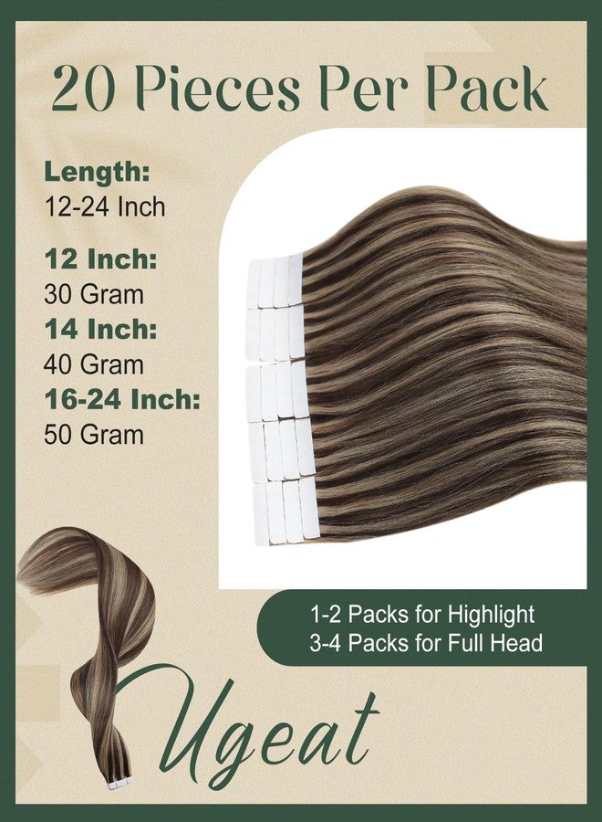 Ugeat Tape in Hair Extensions Human Hair Highlights Human Hair Tape in Extensions Dark Brown Mix Caramel Blonde Highlights Tapes in Extension for Short Hair 12 Inch 20Pcs 30G - Image 4