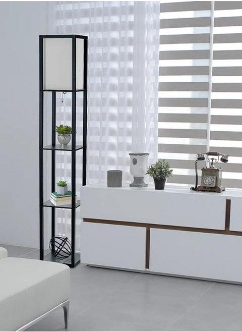 Remote Control Floor Lamp with Shelf, LED Modern Floor Lamp and Power Socket UK Linen Texture Shading for Living Room Bedroom, Office 9.5-watt White&Black 26x26x158 cm